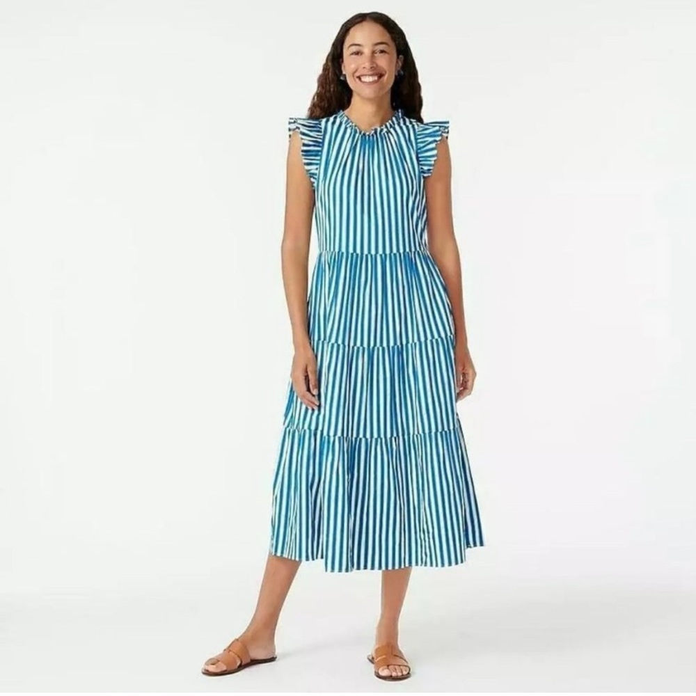 J Crew Blue White Striped Tiered Cotton Dobby MIDI Tank Dress - Picture 1 of 6